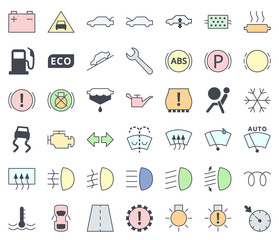 Car dashboard interface and indicators icon set, filling with pastel colors - service maintenance vector symbols