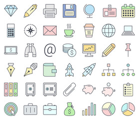 Business colorful icon set isolated on white background. Pastel colors.