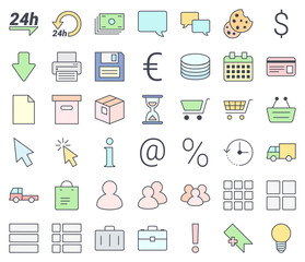 E-commerce simple thin icon set, filling with pastel colors, isolated on white background
