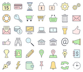 Web design, SEO and development colorful icon set isolated on white background. Pastel colors.