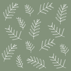 Naklejka na ściany i meble vector collection of cute doodle flowers, herbs, grass and branches, drawn in black outlines,isolated on natural background, spring graphic texture of meadow, wedding or birthday card illustration
