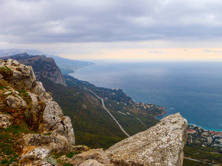 View of the Crimean mountains and the Black sea coast at autumn in Crimea