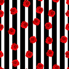 Vector vintage red roses and leaves on black striped background seamless repeat pattern. Great for retro fabric, wallpaper, scrapbooking projects.