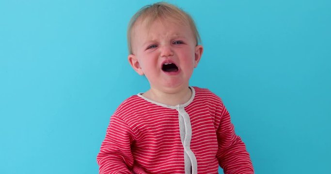 Little toddler in striped jacket and with red face weeping loudly while sitting against blue background