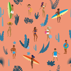 Summertime seamless pattern. People having fun on the beach, relaxing and performing summer outdoor activities at beach