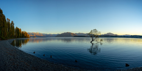 Obraz premium Scenic peaceful of lake wanaka in the morning, One of the places of tourist attraction in New Zealand.
