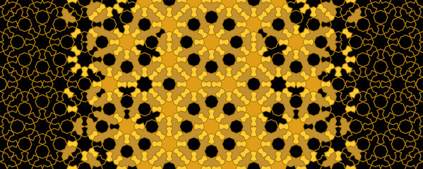 Arabesque islamic vector seamless pattern. Geometric halftone texture with black and gold tile disintegration or breaking