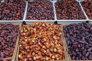 Counter with nuts on the oriental bazaar. Close-up. Background.
