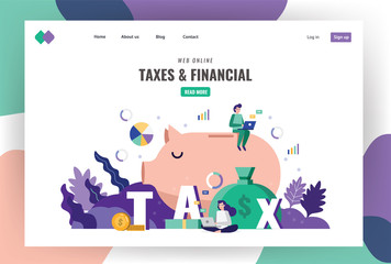 Tax and financial landing page template. Business people searching and calculating taxes bill. vector illustration