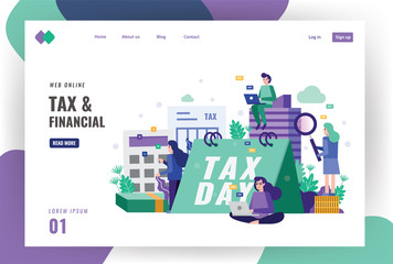 Tax and financial landing page template. Business people searching and calculating taxes bill. vector illustration