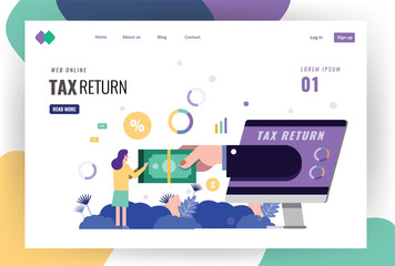 Tax Return Concept. Woman receive money return from desktop computer. Website landing page template. vector illustration