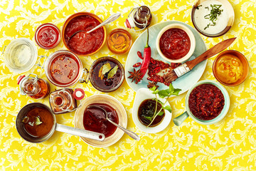 Flat lay of assorted sauces and dressing