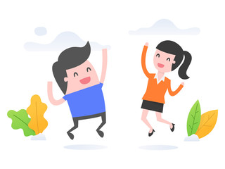 Vector illustration concept of success. Successful people jumping and smile.