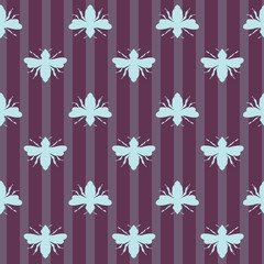 Vector Retro Bees Shapes on Plum Stripes seamless pattern background. Perfect for fabric, scrapbooking and wallpaper projects.	