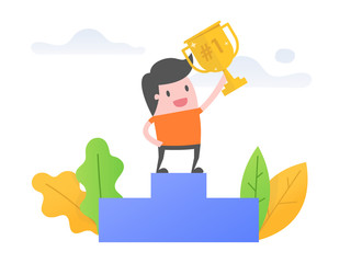 Young man standing on winner podium.