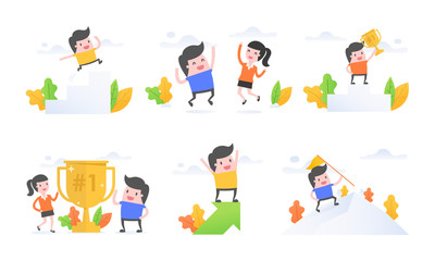 Vector illustration set of success, achievement, victory, growth.