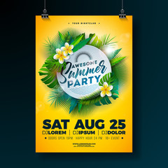 Vector Summer Beach Party Flyer Design with Flower and Tropical Palm Leaves on Yellow Background. Summer design template with nature floral elements and exotic plants for banner, flyer, invitation