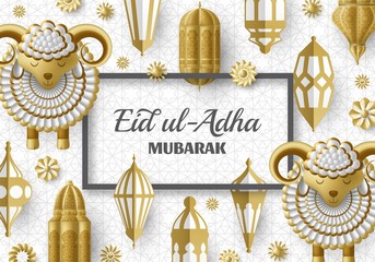Eid Ul Adha Background. Islamic Arabic lanterns and sheep. Greeting card. Festival of the Sacrifice