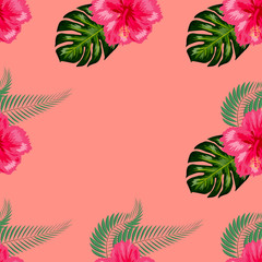 Fototapeta na wymiar Seamless pattern with tropical leaves and hibiscus flowers.