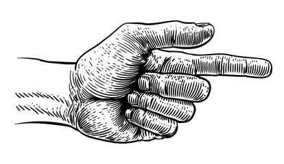 A hand pointing a finger in a direction sign. In a vintage antique engraving woodblock or woodcut style.