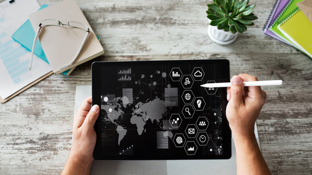 Business strategy concept. Control panel with icons and diagrams.