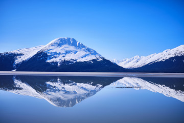 mountains reflecting in lake