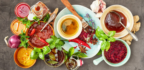 Panorama banner of spicy marinades and sauces