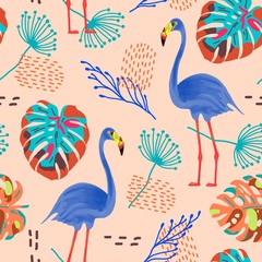 Tropical seamless pattern with flamingos and exotic leaves.