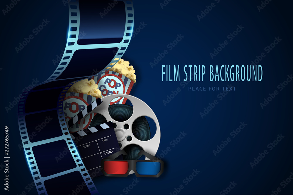 Wall mural film reel, clapper board, 3d cinema glasses, popcorn and twisted cinema tape isolated on blue backgr