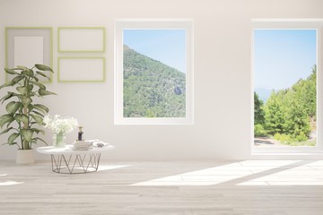 Stylish empty room in white color with summer landscape in window. Scandinavian interior design. 3D illustration
