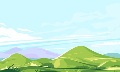 Arrière-plan de paysage de chaîne de montagnes en journée ensoleillée, illustration de concept de voyage de randonnée, panorama de collines verdoyantes avec plantes et herbe
