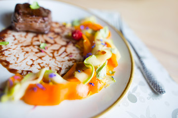Gastro art dish with meat wnd vegetables, food photo, menu concept