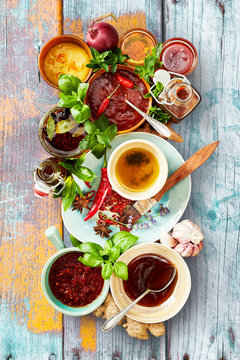 Selection of different sauces and marinades