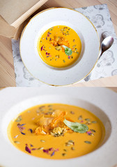 Pumpkin soup. Natural diet food. Vegetarian healthy food