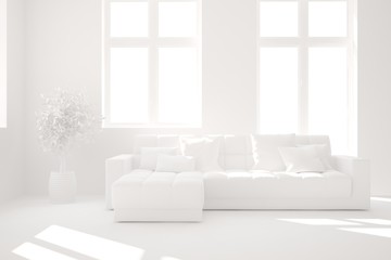 Mock up of stylish room in white color with sofa. Scandinavian interior design. 3D illustration