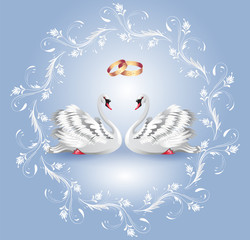 Decorative card with two swans and round vintage luxurious ornament and golden rings for invitations or congratulations with wedding or engagement