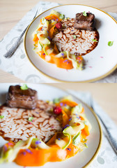 Gastro art dish with meat wnd vegetables, food photo, menu concept