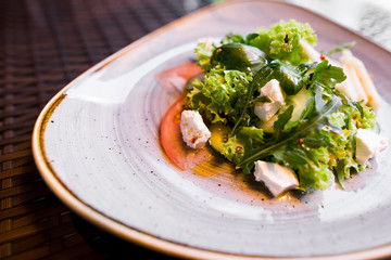Fresh salad with tomatoes, sauce and cream cheese. Healthy, vegetarian food concept