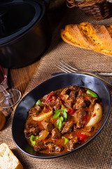 classic beef goulash with peppers and onions