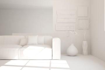 Mock up of stylish room in white color with sofa. Scandinavian interior design. 3D illustration