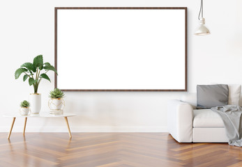 Obraz na płótnie Canvas Frame hanging in bright white living room with plants and decorations mockup 3D rendering