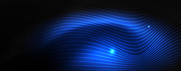 Fototapeta na wymiar Smoky glowing waves in the dark. Dark abstract background with neon color light and wavy lines. Vector