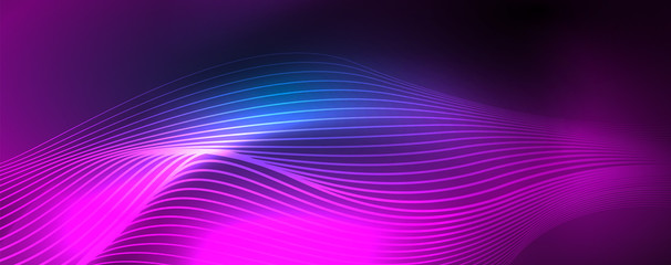 Smooth wave lines on blue neon color light background. Glowing abstract wave on dark, shiny motion, magic space light