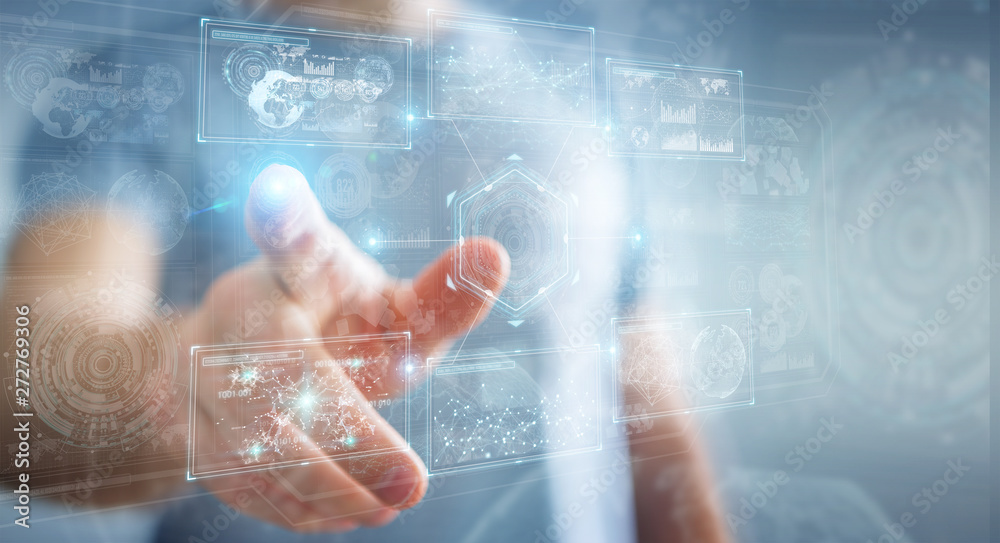 Poster Businessman using digital technological interface with datas 3D rendering