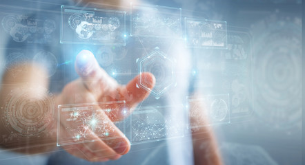Businessman using digital technological interface with datas 3D rendering