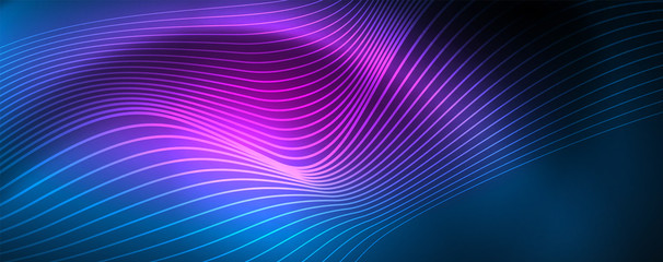 Smooth wave lines on blue neon color light background. Glowing abstract wave on dark, shiny motion, magic space light