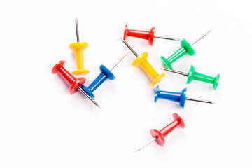 set of colorful push pins isolated on white background.