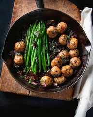 Meatballs, green beans sauce  with sesame and soy sauce