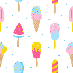 Seamless pattern with color cartoon ice cream isolated on white background - summer design
