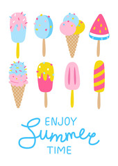 Set of cartoon ice cream isolated on white background - summer poster design